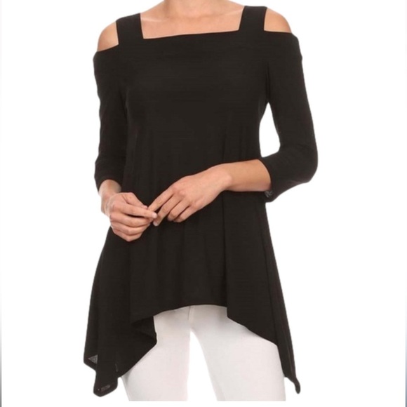 Clara Sun Woo Tops - CLARA SUN WOO Black Tunic Length Cold Shoulder Jersey Stretch Asymmetrical Hem S